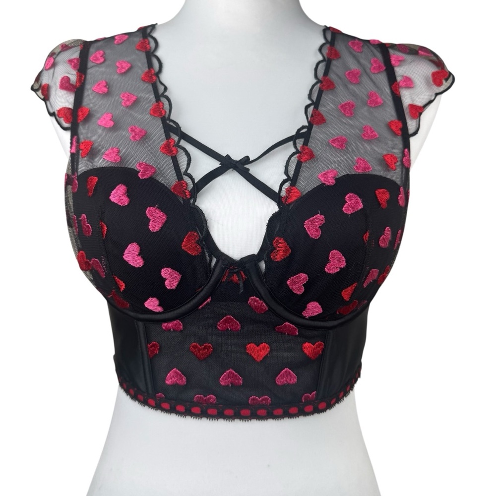 NWT Victoria's Secret Dream Angels Black Embroidered Heart Corset Bra Top Small